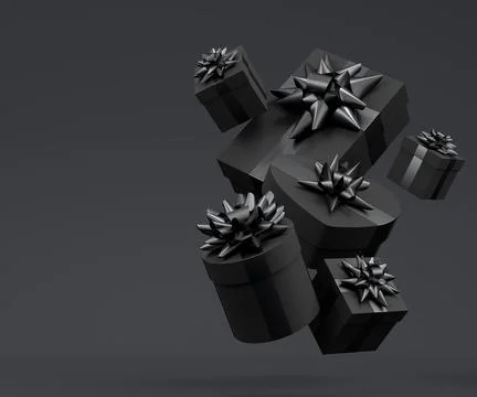 Gift boxes with ribbon and bow for Merry Christmas flying and falling on blac Stock Illustration