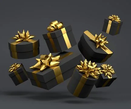 Gift boxes with ribbon and bow for Merry Christmas flying and falling on blac Stock Illustration