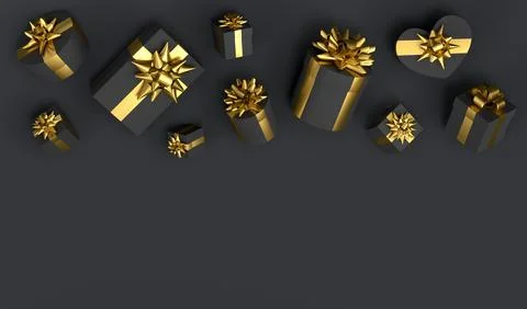Gift boxes with ribbon and bow for Merry Christmas flying and falling on blac 스톡 일러스트