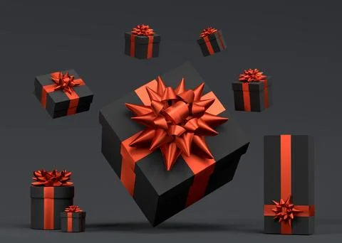 Gift boxes with ribbon and bow for Merry Christmas flying and falling on blac Ilustração Stock