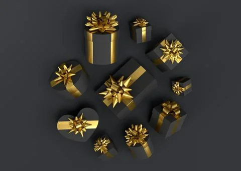 Gift boxes with ribbon and bow for Merry Christmas flying and falling on blac 스톡 일러스트
