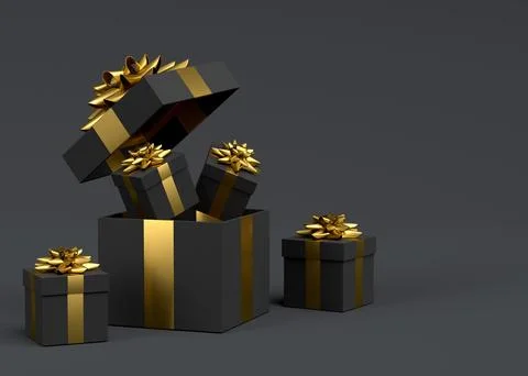 Gift boxes with ribbon and bow for Merry Christmas flying and falling on blac Stock Illustration