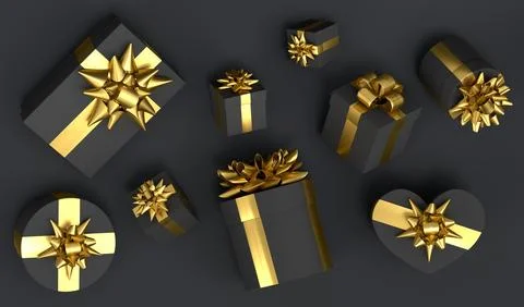 Gift boxes with ribbon and bow for Merry Christmas flying and falling on blac Stock Illustration