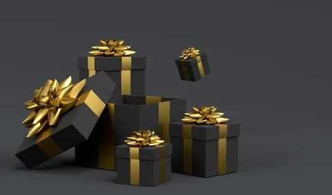 Gift boxes with ribbon and bow for Merry Christmas flying and falling on blac 스톡 일러스트