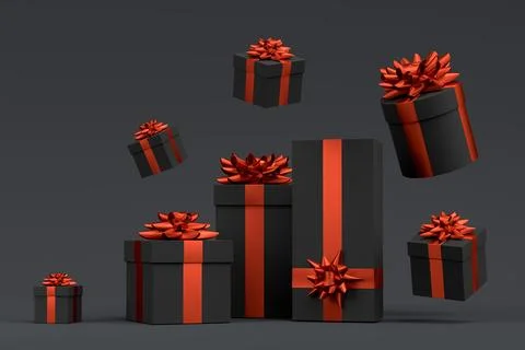 Gift boxes with ribbon and bow for Merry Christmas flying and falling on blac 스톡 일러스트