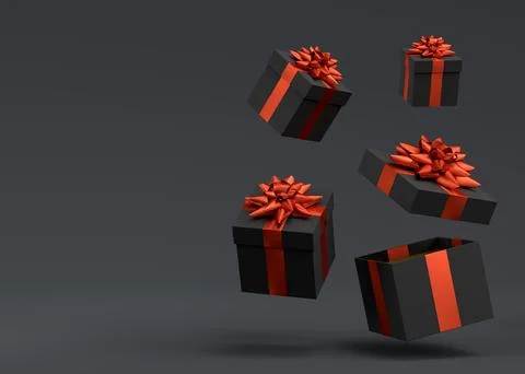 Gift boxes with ribbon and bow for Merry Christmas flying and falling on blac Stock Illustration