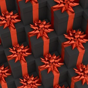 Gift boxes with ribbon and bow for Merry Christmas flying and falling on blac Stock Illustration