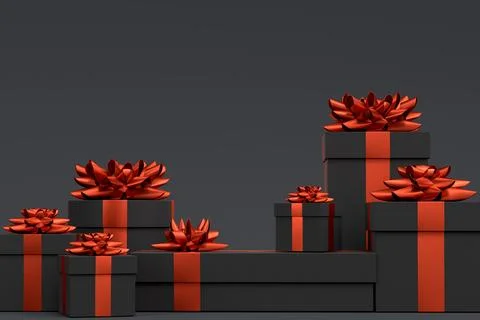 Gift boxes with ribbon and bow for Merry Christmas flying and falling on blac Stockillustratie