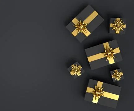Gift boxes with ribbon and bow for Merry Christmas flying and falling on blac Stock Illustration