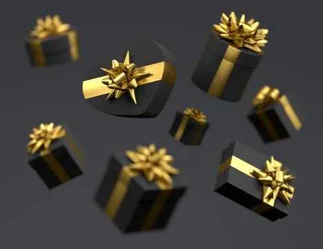 Gift boxes with ribbon and bow for Merry Christmas flying and falling on blac 스톡 일러스트