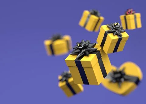 Gift boxes with ribbon and bow for Merry Christmas flying and falling on viol Illustrazione stock