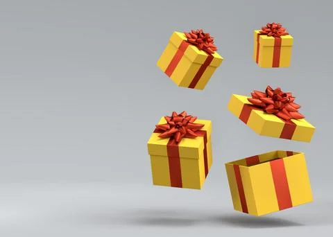 Gift boxes with ribbon and bow for Merry Christmas flying and falling on grey Stock Illustration
