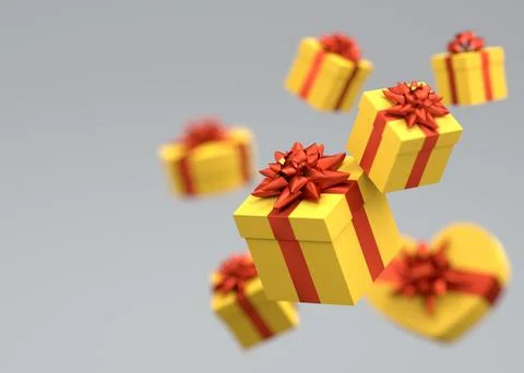 Gift boxes with ribbon and bow for Merry Christmas flying and falling on grey Stock Illustration