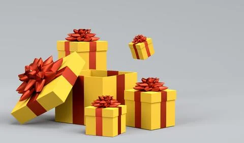 Gift boxes with ribbon and bow for Merry Christmas flying and falling on grey Stock Illustration