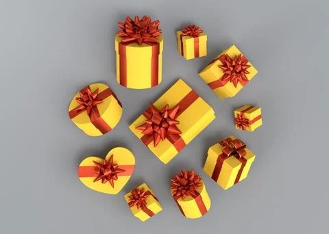 Gift boxes with ribbon and bow for Merry Christmas flying and falling on grey Stock Illustration