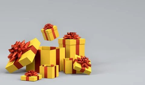 Gift boxes with ribbon and bow for Merry Christmas flying and falling on grey 스톡 일러스트