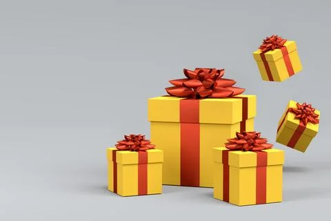 Gift boxes with ribbon and bow for Merry Christmas flying and falling on grey Stock Illustration