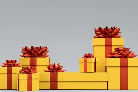Gift boxes with ribbon and bow for Merry Christmas flying and falling on grey イラスト素材
