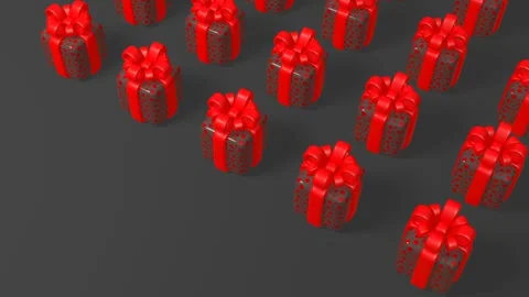 Gift boxes with a ribbon rotates 3d 4K looped animation on dark grey background Stock Footage 246473783