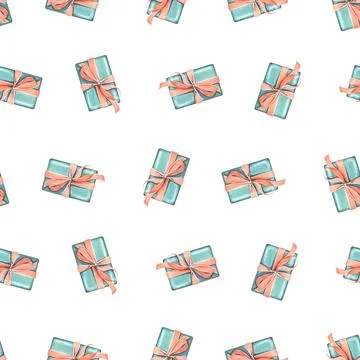Gift boxes with ribbons and bows in coral and turquoise colors on a white Illustrazione stock