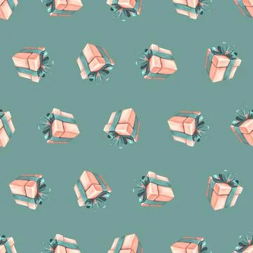 Gift boxes with ribbons and bows in coral and turquoise colors on a turquoise イラスト素材