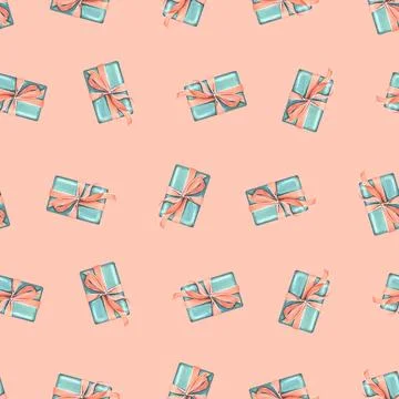 Gift boxes with ribbons and bows in coral and turquoise colors on a pink Stock Illustration