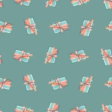 Gift boxes with ribbons and bows in coral and turquoise colors on a turquoise Illustrazione stock