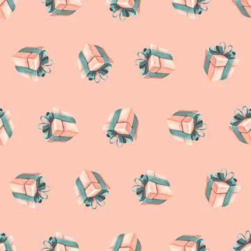 Gift boxes with ribbons and bows in coral and turquoise colors on a pink イラスト素材