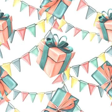 Gift boxes with ribbons, bows and garland of flags in coral and turquoise colors Illustrazione stock