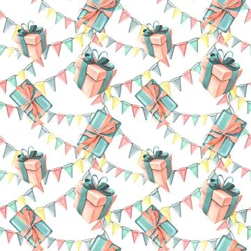 Gift boxes with ribbons, bows and garland of flags in coral and turquoise colors Illustrazione stock