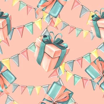 Gift boxes with ribbons, bows and garland of flags in coral and turquoise colors Illustrazione stock