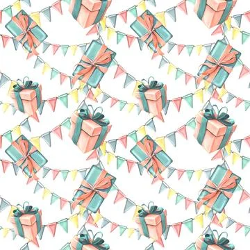 Gift boxes with ribbons, bows and garland of flags in coral and turquoise colors イラスト素材