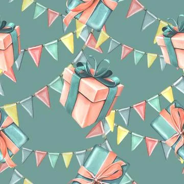 Gift boxes with ribbons, bows and garland of flags in coral and turquoise colors Stock Illustration