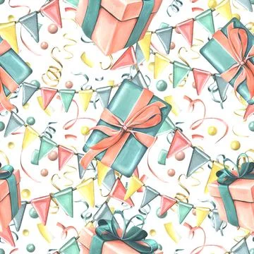 Gift boxes with ribbons, bows, confetti and garland of flags in coral and Illustrazione stock