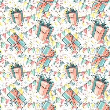Gift boxes with ribbons, bows, confetti and garland of flags in coral and Illustrazione stock