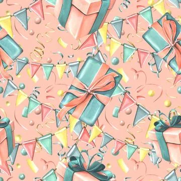 Gift boxes with ribbons, bows, confetti and garland of flags in coral and イラスト素材