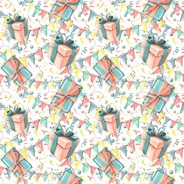 Gift boxes with ribbons, bows, confetti and garland of flags in coral and Illustrazione stock