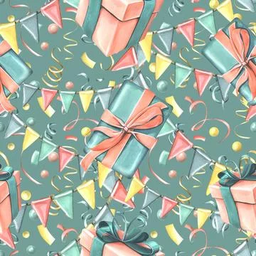 Gift boxes with ribbons, bows, confetti and garland of flags in coral and Illustrazione stock
