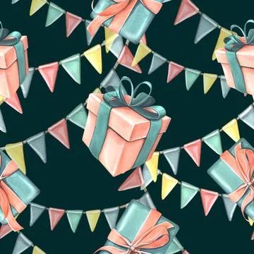 Gift boxes with ribbons, bows, confetti and garland of flags in coral and Illustrazione stock
