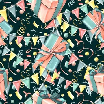 Gift boxes with ribbons, bows, confetti and garland of flags in coral and イラスト素材