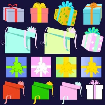 Gift boxes with ribbons of different colors sizes and angles. graphic resource Stock Illustration