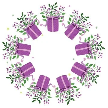 Gift boxes round frame. Additionally decorated with twigs with flowers. Stock Illustration