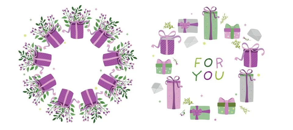 Gift boxes round frame. Additionally decorated with twigs and flowers. Stock Illustration