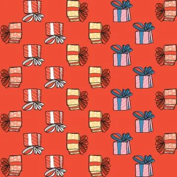 Gift boxes seamland pattern hand drawn childish style on red background gra.. Stock Illustration
