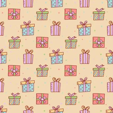 Gift boxes seamless pattern, hand drawn doodle style. Birthday party presents 스톡 일러스트
