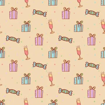 Gift boxes seamless pattern, hand drawn doodle style. Birthday party presents Illustrazione stock
