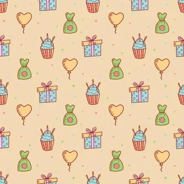 Gift boxes seamless pattern, hand drawn doodle style. Birthday party presents Illustrazione stock