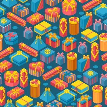 Gift boxes in seamless pattern, vector illustration. Set of isometric icons Stock Illustration