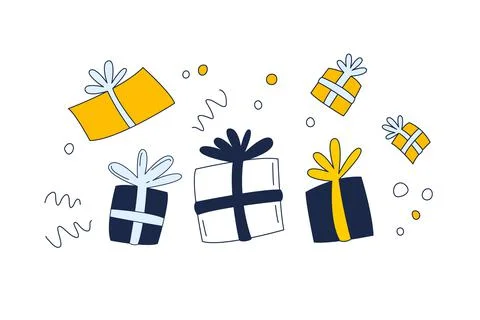 Gift boxes set, cartoon hand drawn doodle style. Birthday party. Vector Stock Illustration