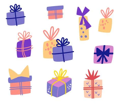 Gift boxes set. Different boxes with ribbons. Sale shopping concept. Perfect  Stock Illustration